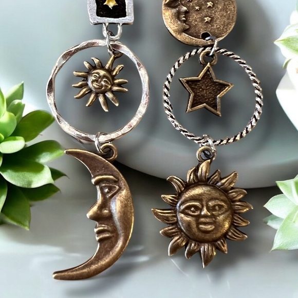 Boho Celestial Charm Earrings - Bronze and Silver toned Bohemian Boho Celestial - Picture 15 of 17